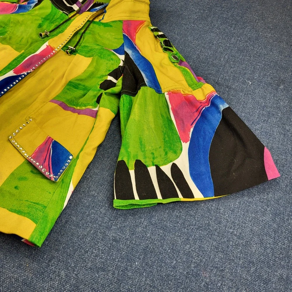 Berek Abstract Art Zip Up Jacket XL Yellow Green Rhinestone Bell Sleeve Cotton